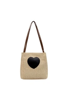 Heart Decor Straw Bag Valentines - Khaki - View 2