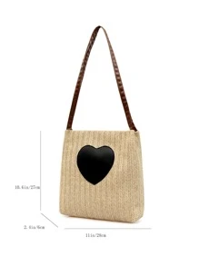 Heart Decor Straw Bag Valentines - Khaki - View 3
