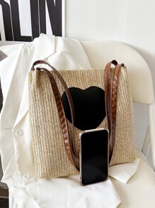 Heart Decor Straw Bag Valentines - Khaki - View 4