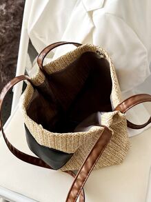 Heart Decor Straw Bag Valentines - Khaki - View 5