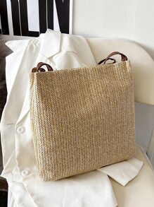 Heart Decor Straw Bag Valentines - Khaki - View 6