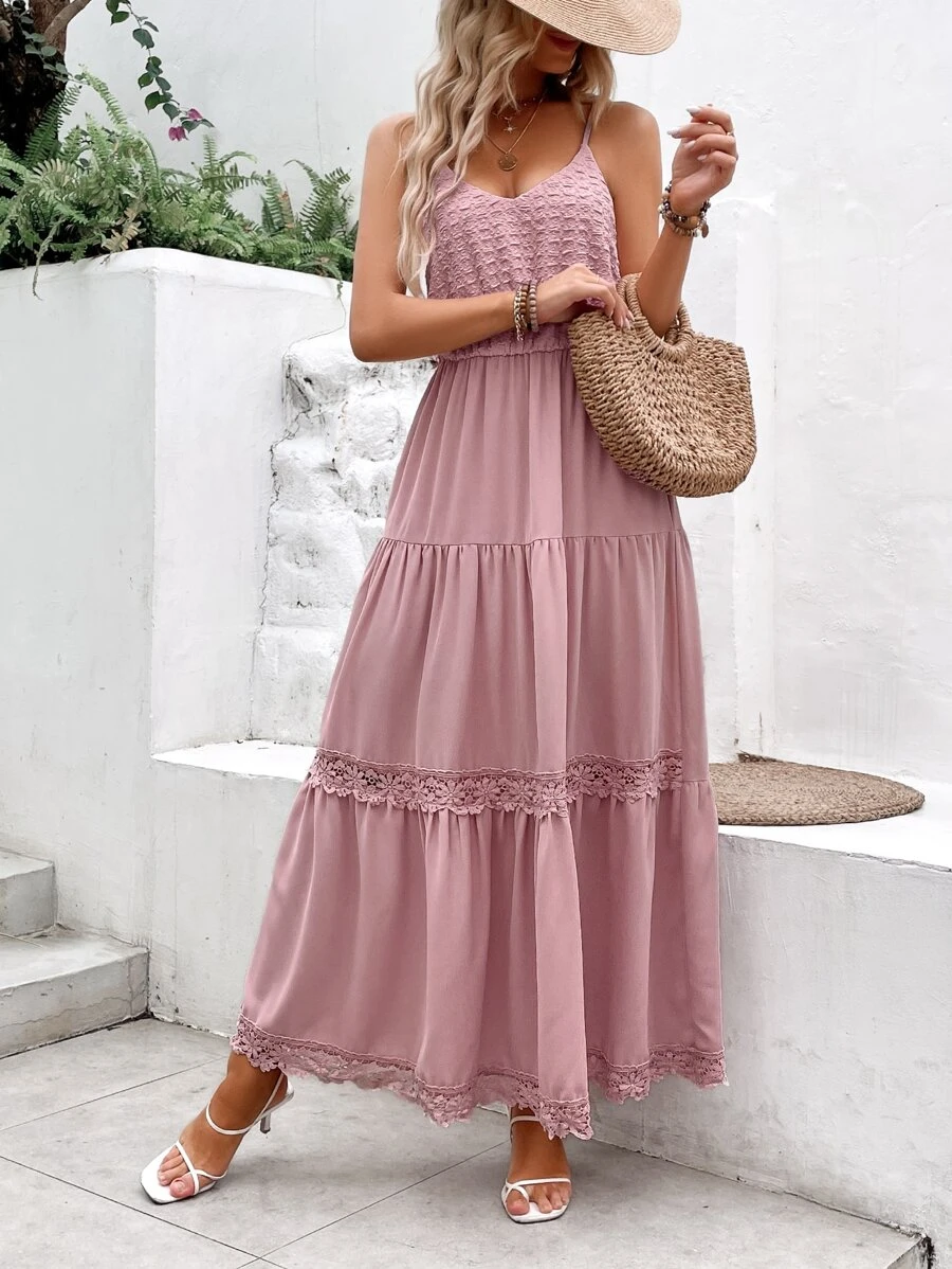 Breezaya Đầm Lộ Lưng Viên lá sen màu trơn Boho - Hồng - Xem 1