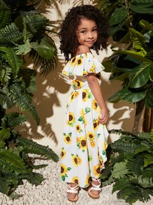 SHEIN Cô Gái Trẻ In hoa Sunflower Off Shoulder Viền Ruffle Áo & quần short Với chân váy - trắng - Xem 3