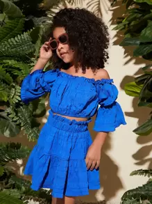 SHEIN Leap Crew Bộ thời trang bé gái viền lá sen Xù Quần paper-bag màu trơn Boho - Xanh đậm - Xem 5