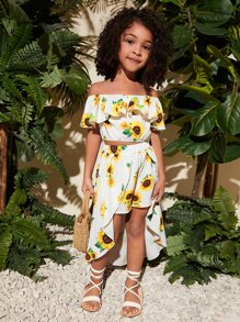 SHEIN Cô Gái Trẻ In hoa Sunflower Off Shoulder Viền Ruffle Áo & quần short Với chân váy - trắng - Xem 5