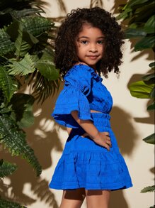 SHEIN Leap Crew Bộ thời trang bé gái viền lá sen Xù Quần paper-bag màu trơn Boho - Xanh đậm - Xem 2