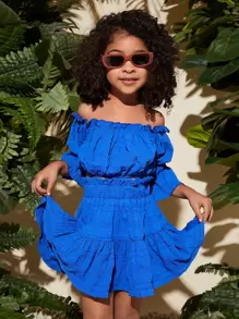 SHEIN Leap Crew Bộ thời trang bé gái viền lá sen Xù Quần paper-bag màu trơn Boho - Xanh đậm - Xem 3