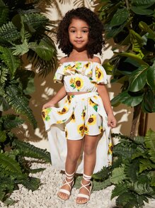 SHEIN Cô Gái Trẻ In hoa Sunflower Off Shoulder Viền Ruffle Áo & quần short Với chân váy - trắng - Xem 2