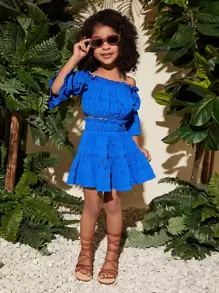 SHEIN Leap Crew Bộ thời trang bé gái viền lá sen Xù Quần paper-bag màu trơn Boho - Xanh đậm - Xem 4