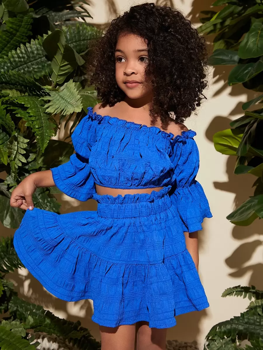 SHEIN Leap Crew Bộ thời trang bé gái viền lá sen Xù Quần paper-bag màu trơn Boho - Xanh đậm - Xem 1