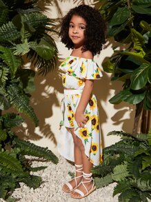 SHEIN Cô Gái Trẻ In hoa Sunflower Off Shoulder Viền Ruffle Áo & quần short Với chân váy - trắng - Xem 4