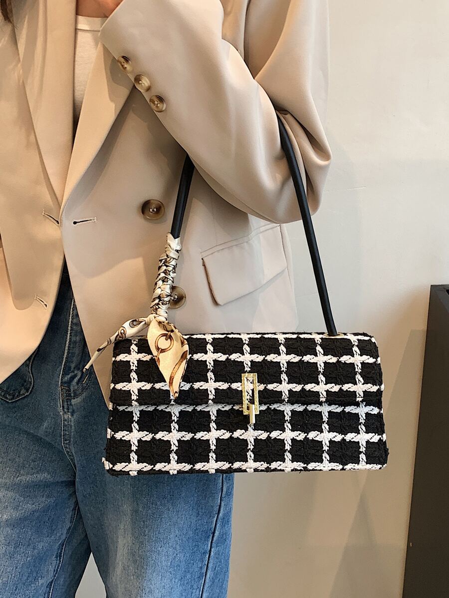 Plaid Pattern Skinny Scarf Decor Bag