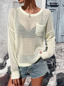 SHEIN LUNE Solid Drop Shoulder Pocket Patched Open Knit Jumper - Beige - View 1