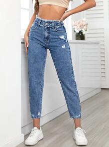 SHEIN EZwear 毛邊緣腰破洞牛仔褲 - 中等水洗藍 - 查看 1