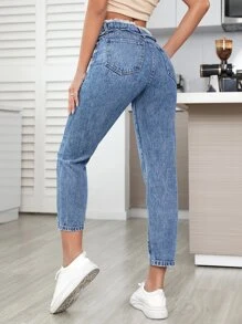 SHEIN EZwear 毛邊緣腰破洞牛仔褲 - 中等水洗藍 - 查看 2