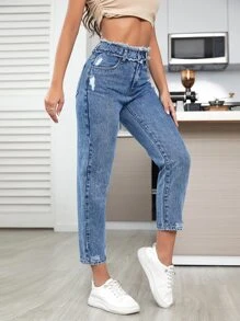 SHEIN EZwear 毛邊緣腰破洞牛仔褲 - 中等水洗藍 - 查看 3