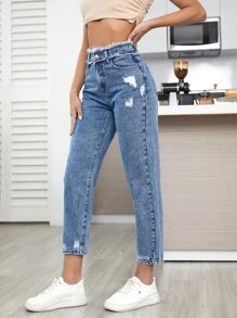 SHEIN EZwear 毛邊緣腰破洞牛仔褲 - 中等水洗藍 - 查看 4