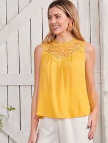 SHEIN Clasi Guipure Lace Panel Tank Top