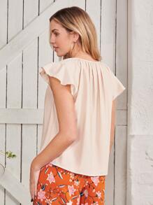 SHEIN Clasi Tassel Tie Neck Butterfly Sleeve Blouse - Apricot - View 3