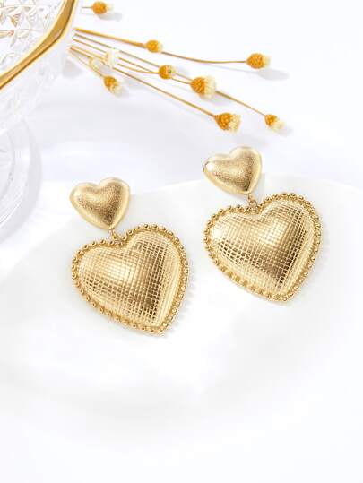 1對時尚不銹鋼紋理質感心形耳墜適合女士日常裝飾