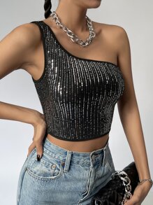 SHEIN BAE One Shoulder Sequin Crop Top - Black - View 3