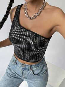 SHEIN BAE One Shoulder Sequin Crop Top - Black - View 4