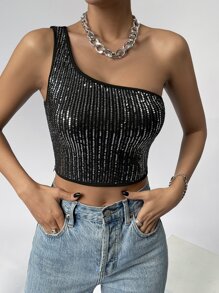 SHEIN BAE One Shoulder Sequin Crop Top - Black - View 5