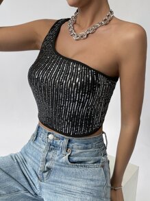 SHEIN BAE One Shoulder Sequin Crop Top - Black - View 6