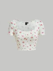 SHEIN MOD Ditsy Floral Print Square Neck Crop Tee - Multicolor - View 1