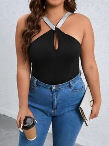 SHEIN Holidaya Plus Contrast Tape Cut Out Cami Bodysuit - Black - View 3