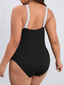 SHEIN Holidaya Plus Contrast Tape Cut Out Cami Bodysuit - Black - View 2