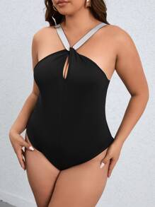 SHEIN Holidaya Plus Contrast Tape Cut Out Cami Bodysuit - Black - View 6