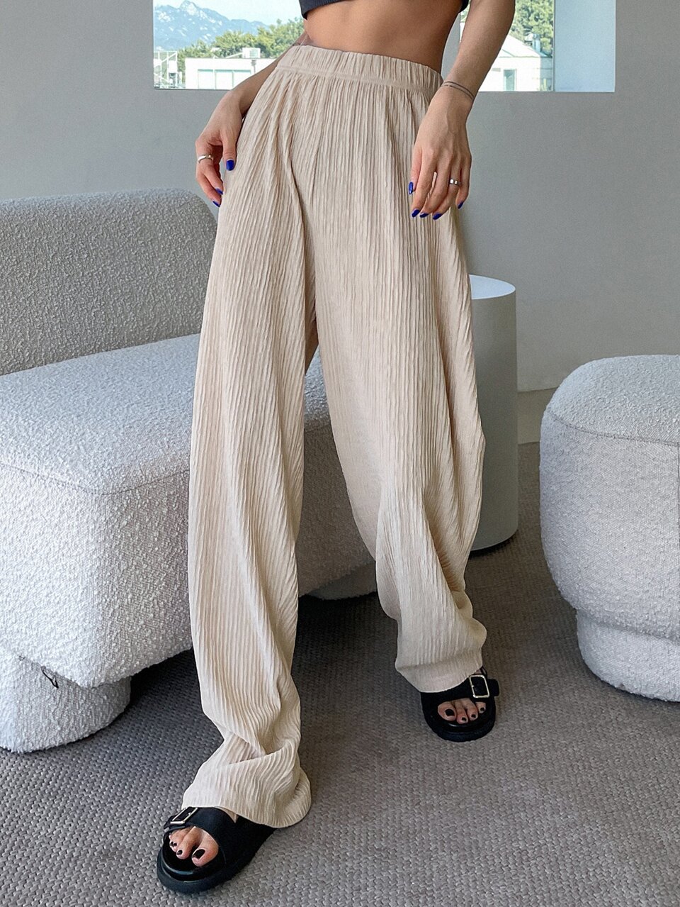 Solid Elastic Waist Wide Leg Pants,Teacher Pants