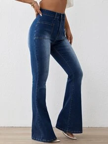 High Waist Flare Leg Jeans - Dark Wash - View 3