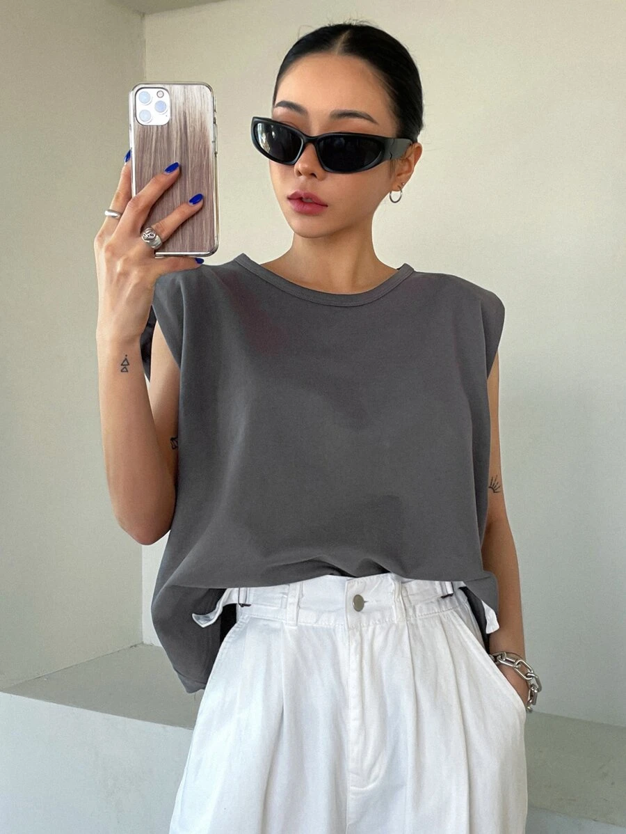 DAZY Chất rắn Miếng đệm vai Áo ba lỗ - Xám - Xem 1