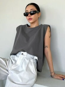 DAZY Chất rắn Miếng đệm vai Áo ba lỗ - Xám - Xem 2