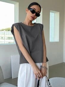 DAZY Chất rắn Miếng đệm vai Áo ba lỗ - Xám - Xem 3