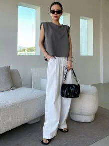 DAZY Chất rắn Miếng đệm vai Áo ba lỗ - Xám - Xem 4