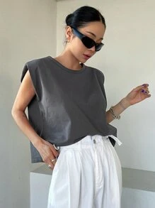 DAZY Chất rắn Miếng đệm vai Áo ba lỗ - Xám - Xem 7