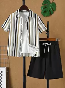 男孩條紋圖案襯衫和腰部抽繩短褲不帶T恤 - 彩色 - 查看 1