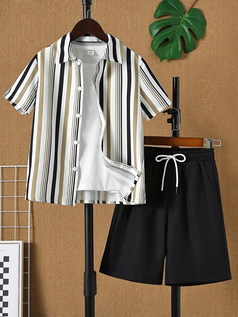 男孩條紋圖案襯衫和腰部抽繩短褲不帶T恤 - 彩色 - 查看 1