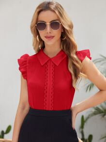 SHEIN Clasi Lỗ tay Ruffle Ren Đính đá Áo Trang phục làm việc - Đỏ - Xem 1