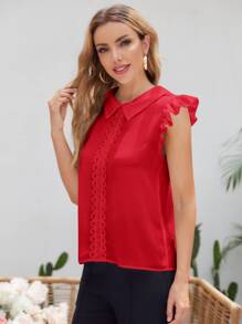 SHEIN Clasi Lỗ tay Ruffle Ren Đính đá Áo Trang phục làm việc - Đỏ - Xem 3