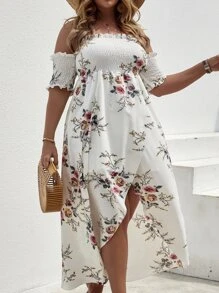 SHEIN Clasi Plus Floral Off The Shoulder High Low Wrap Hem Dress