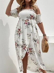 SHEIN Clasi Plus Floral Off The Shoulder High Low Wrap Hem Dress