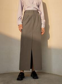 Solid Split Hem Straight Skirt - Khaki - View 1