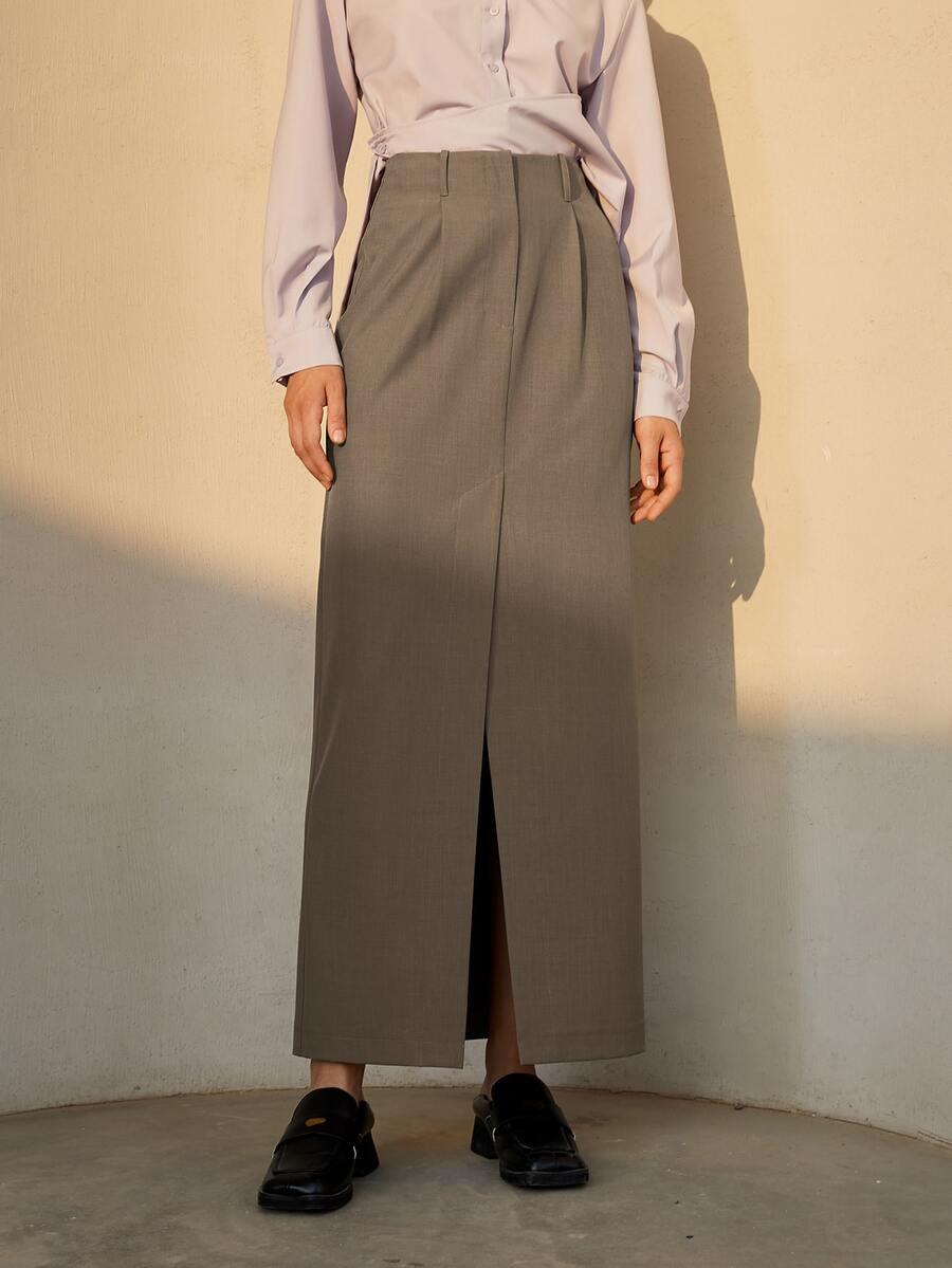 Solid Split Hem Straight Skirt - Khaki - View 1