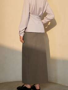 Solid Split Hem Straight Skirt - Khaki - View 2