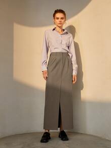 Solid Split Hem Straight Skirt - Khaki - View 3