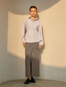 Solid Split Hem Straight Skirt - Khaki - View 4